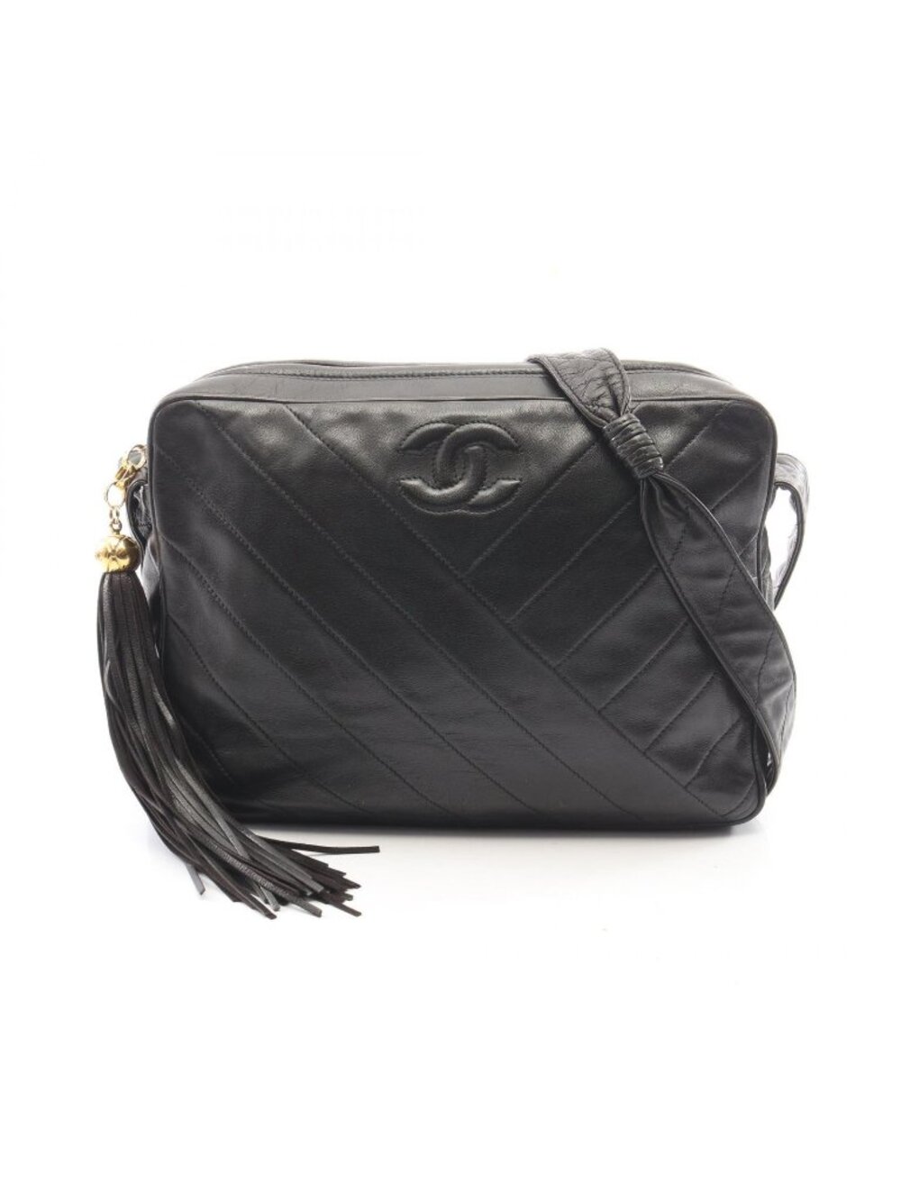 Chanel Shoulder Bag CC Logo Bias Stitch Tassel Black Lambskin Fringe